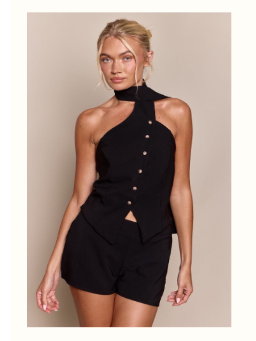 PrettyLittleThing Black Asymmetric Halter Button Crop Top